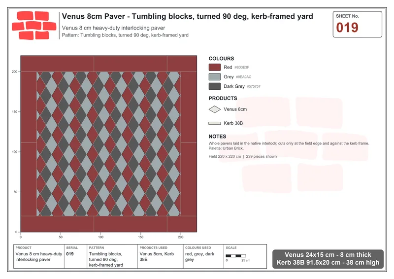 Interlock (Pasco) 24x15 cm · VEN8-019 · Tumbling blocks, turned 90 deg, kerb-framed yard · Laying plan Interlock (Pasco) 24x15 cm · VEN8-019 · Tumbling blocks, turned 90 deg, kerb-framed yard · Laying plan