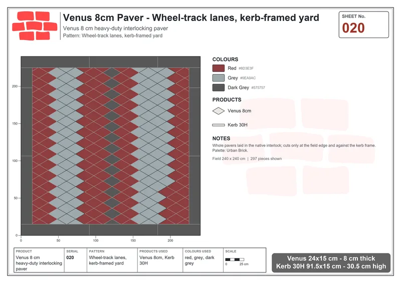 इंटरलॉक (पास्को) 24x15 सेमी · VEN8-020 · Wheel-track lanes, kerb-framed yard · बिछाने का नक्शा