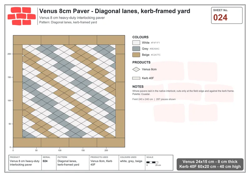 Interlock (Pasco) 24x15 cm · VEN8-024 · Diagonal lanes, kerb-framed yard · Laying plan