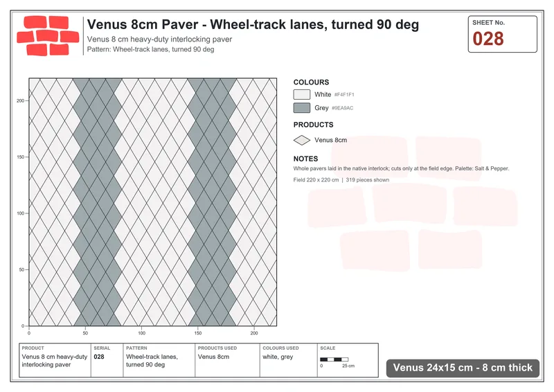 Interlock (Pasco) 24x15 cm · VEN8-028 · Wheel-track lanes, turned 90 deg · Laying plan