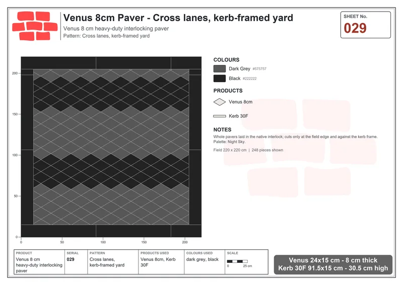 इंटरलॉक (पास्को) 24x15 सेमी · VEN8-029 · क्रॉस lanes, kerb-framed yard · बिछाने का नक्शा