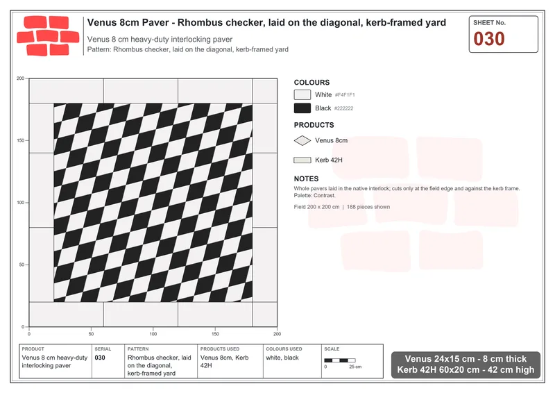 Interlock (Pasco) 24x15 cm · VEN8-030 · Rhombus checker, laid on the diagonal, kerb-framed yard · Laying plan