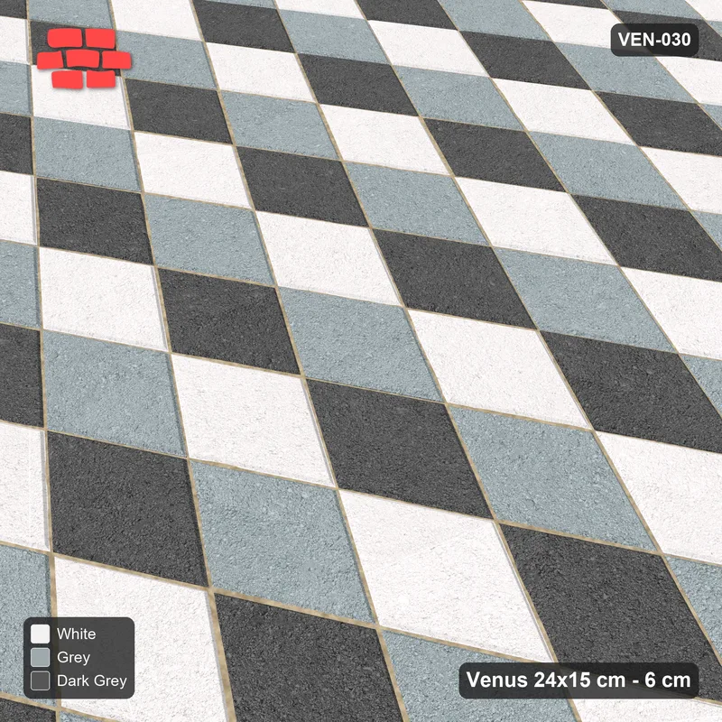 Interlock (Pasco) 24x15 cm · VEN8-030 · Rhombus checker, laid on the diagonal, kerb-framed yard · Side view