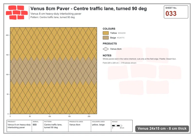 Interlock (Pasco) 24x15 cm · VEN8-033 · Centre traffic lane, turned 90 deg · Laying plan
