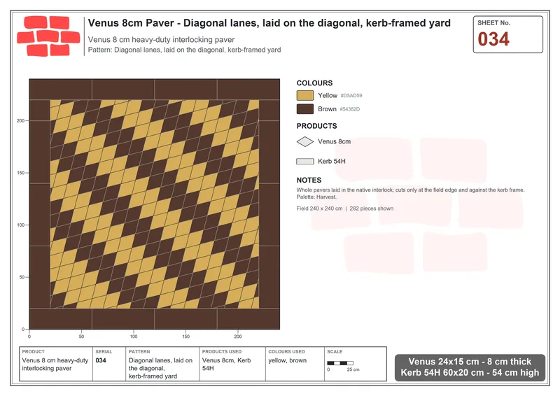Interlock (Pasco) 24x15 cm · VEN8-034 · Diagonal lanes, laid on the diagonal, kerb-framed yard · Laying plan