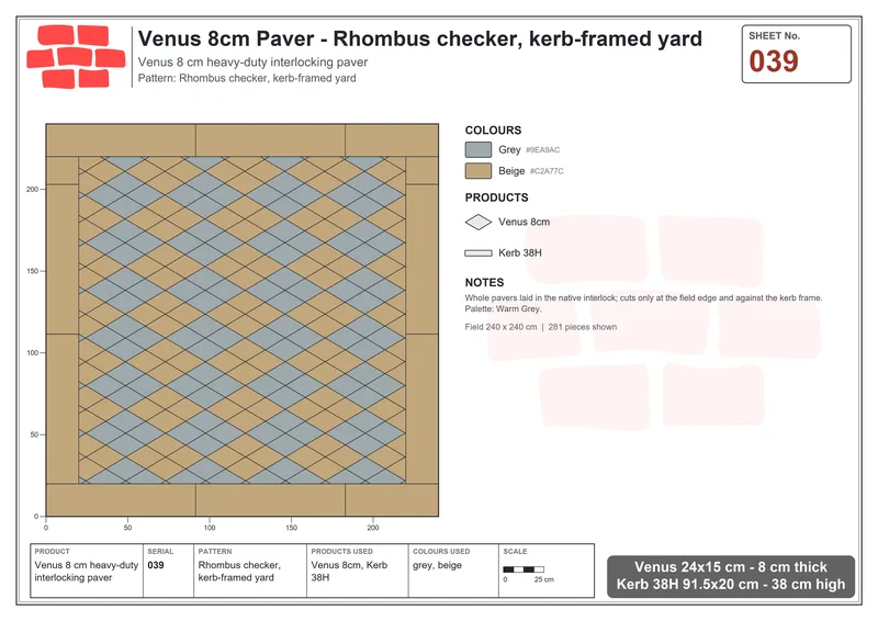 Interlock (Pasco) 24x15 cm · VEN8-039 · Rhombus checker, kerb-framed yard · Laying plan