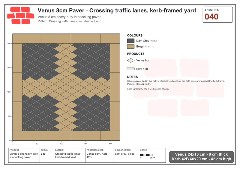 Interlock (Pasco) 24x15 cm · VEN8-040 · Crossing traffic lanes, kerb-framed yard · Laying plan