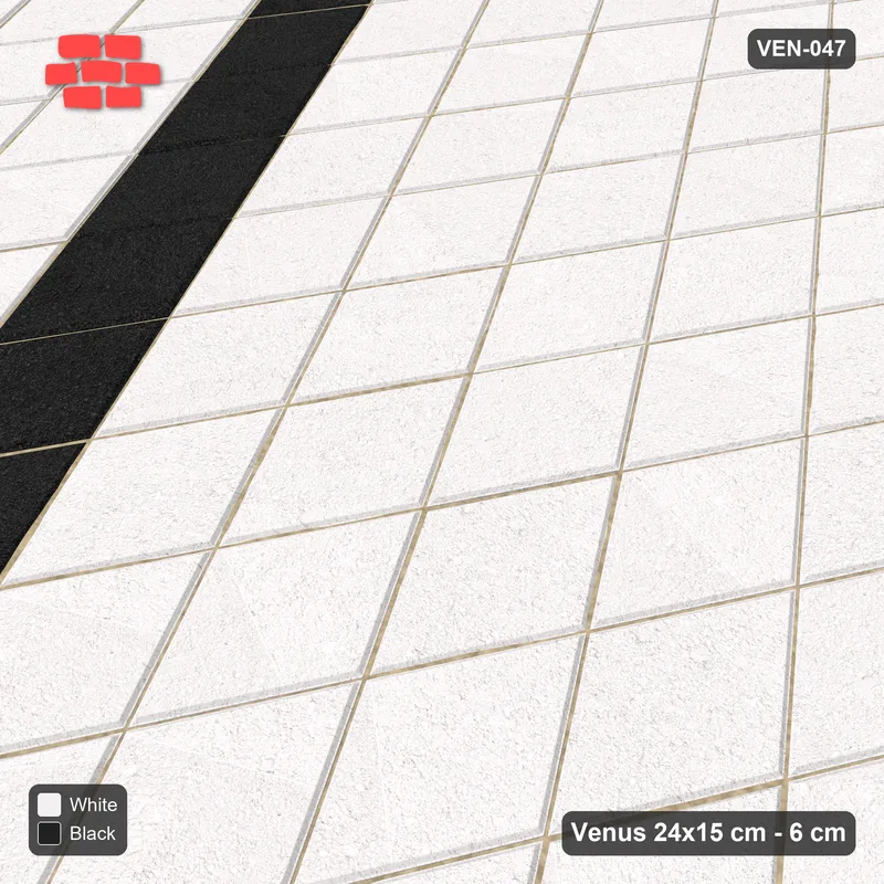 Interlock (Pasco) 24x15 cm · VEN8-047 · Tumbling blocks, laid on the diagonal, kerb-framed yard · Side view