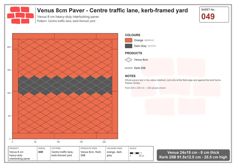 Interlock (Pasco) 24x15 cm · VEN8-049 · Centre traffic lane, kerb-framed yard · Laying plan