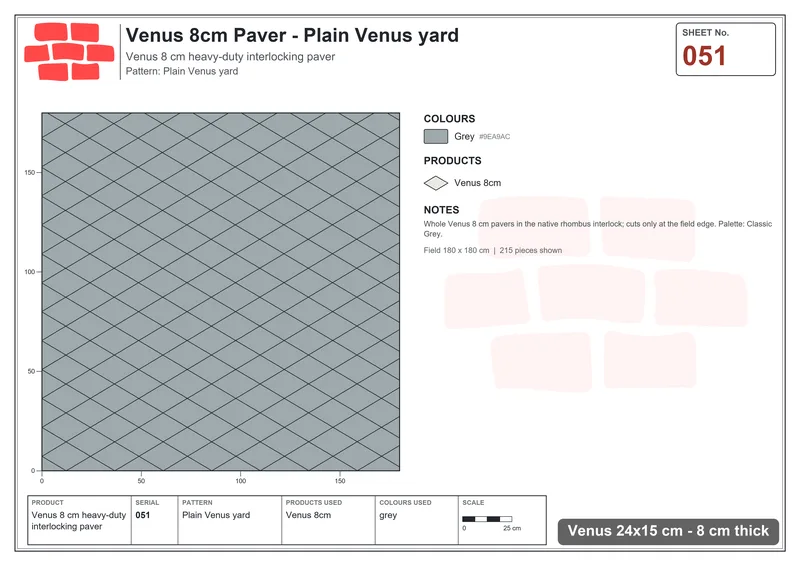 इंटरलॉक (पास्को) 24x15 सेमी · VEN8-051 · सादा Venus yard · बिछाने का नक्शा