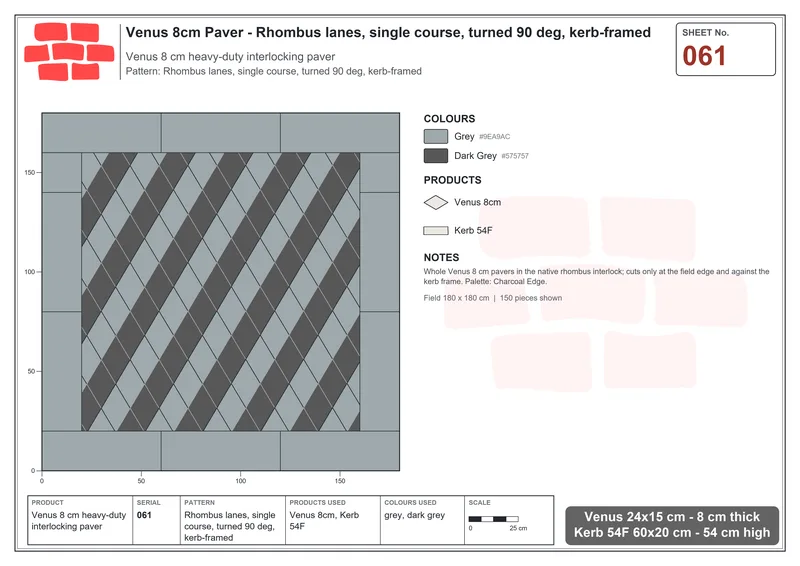 इंटरलॉक (पास्को) 24x15 सेमी · VEN8-061 · Rhombus lanes, सिंगल पंक्ति, turned 90 deg, kerb-framed · बिछाने का नक्शा