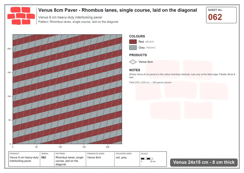 Interlock (Pasco) 24x15 cm · VEN8-062 · Rhombus lanes, single course, laid on the diagonal · Laying plan