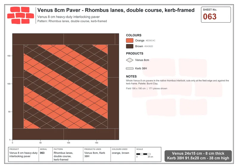 इंटरलॉक (पास्को) 24x15 सेमी · VEN8-063 · Rhombus lanes, डबल पंक्ति, kerb-framed · बिछाने का नक्शा