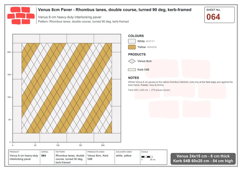 इंटरलॉक (पास्को) 24x15 सेमी · VEN8-064 · Rhombus lanes, डबल पंक्ति, turned 90 deg, kerb-framed · बिछाने का नक्शा
