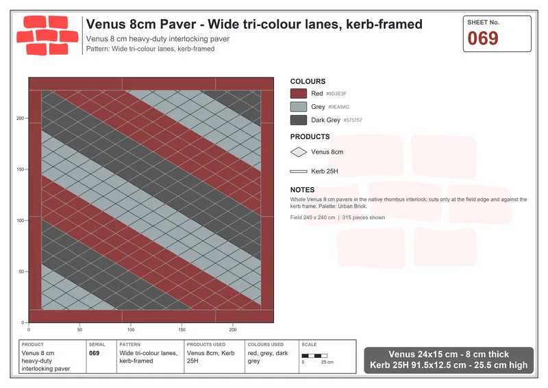 انترلوك (باسكو) 24x15 سم · VEN8-069 · عريض بثلاثة ألوان lanes, kerb-framed · مخطط التركيب انترلوك (باسكو) 24x15 سم · VEN8-069 · عريض بثلاثة ألوان lanes, kerb-framed · مخطط التركيب