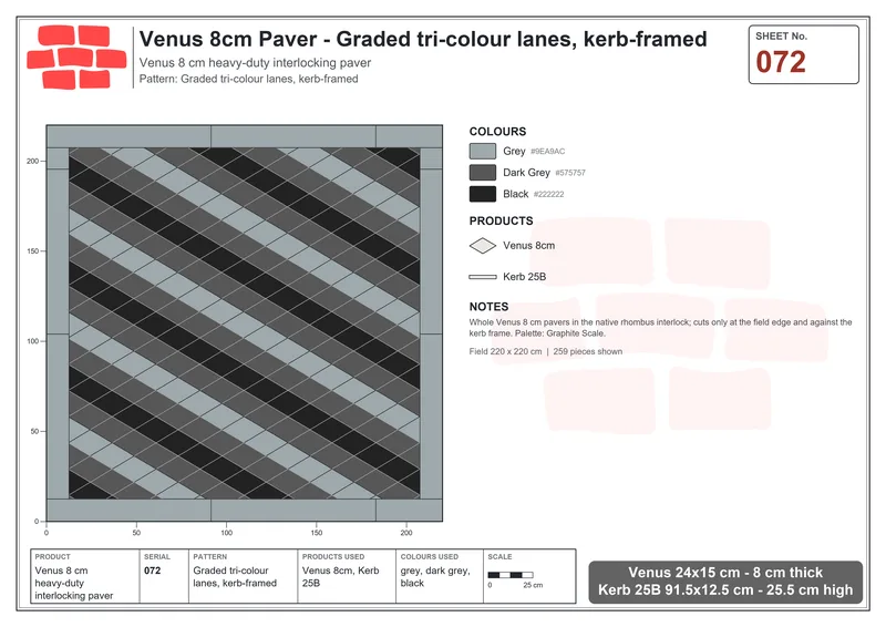 Interlock (Pasco) 24x15 cm · VEN8-072 · Graded tri-colour lanes, kerb-framed · Laying plan