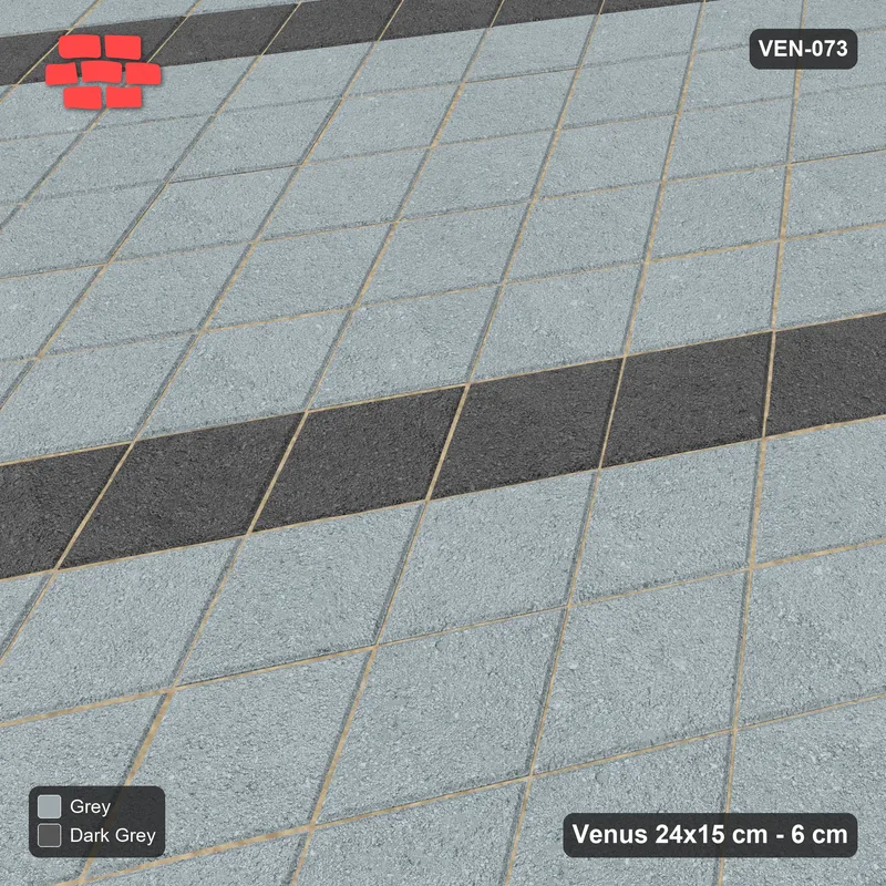 इंटरलॉक (पास्को) 24x15 सेमी · VEN8-073 · क्रमिक तीन रंग lanes, turned 90 deg, kerb-framed · बगल से दृश्य