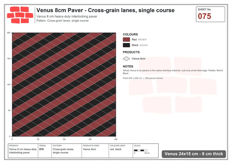 Interlock (Pasco) 24x15 cm · VEN8-075 · Cross-grain lanes, single course · Laying plan