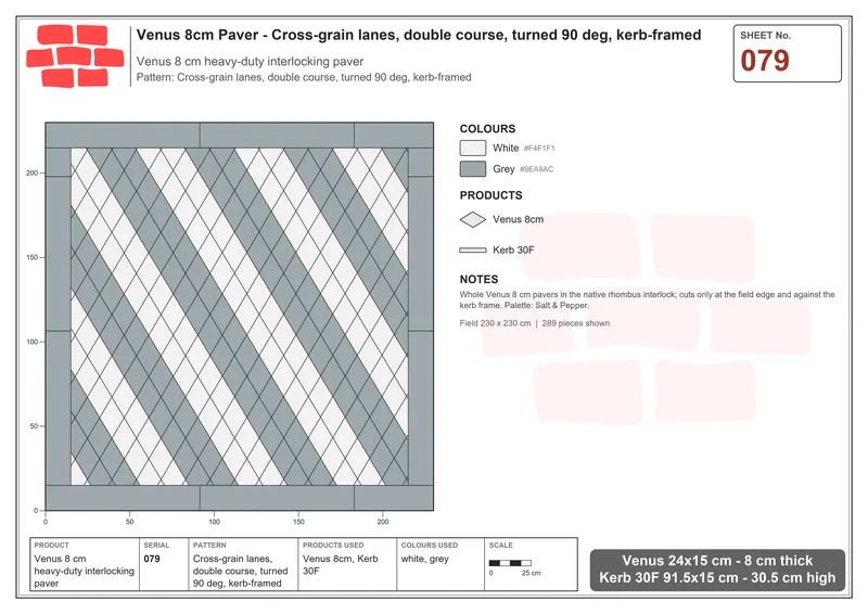 Interlock (Pasco) 24x15 cm · VEN8-079 · Cross-grain lanes, double course, turned 90 deg, kerb-framed · Laying plan