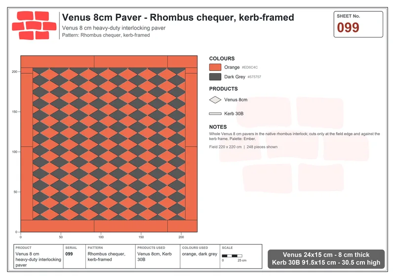 इंटरलॉक (पास्को) 24x15 सेमी · VEN8-099 · Rhombus chequer, kerb-framed · बिछाने का नक्शा