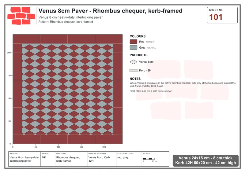 Interlock (Pasco) 24x15 cm · VEN8-101 · Rhombus chequer, kerb-framed · Laying plan