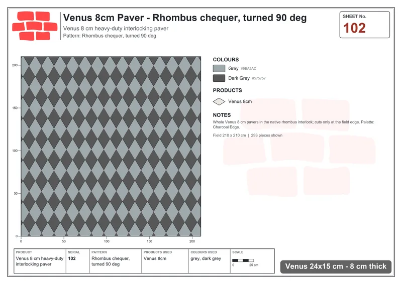इंटरलॉक (पास्को) 24x15 सेमी · VEN8-102 · Rhombus chequer, turned 90 deg · बिछाने का नक्शा
