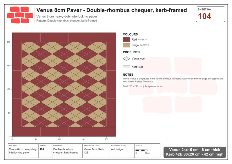 इंटरलॉक (पास्को) 24x15 सेमी · VEN8-104 · Double-rhombus chequer, kerb-framed · बिछाने का नक्शा