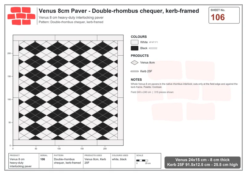 इंटरलॉक (पास्को) 24x15 सेमी · VEN8-106 · Double-rhombus chequer, kerb-framed · बिछाने का नक्शा
