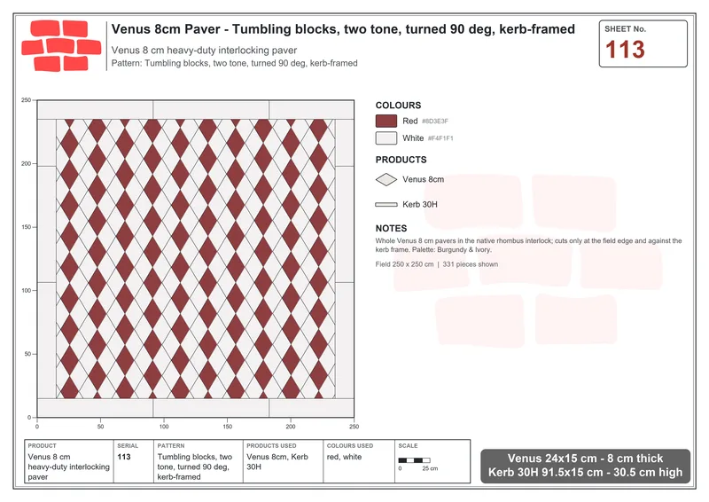 Interlock (Pasco) 24x15 cm · VEN8-113 · Tumbling blocks, two tone, turned 90 deg, kerb-framed · Laying plan
