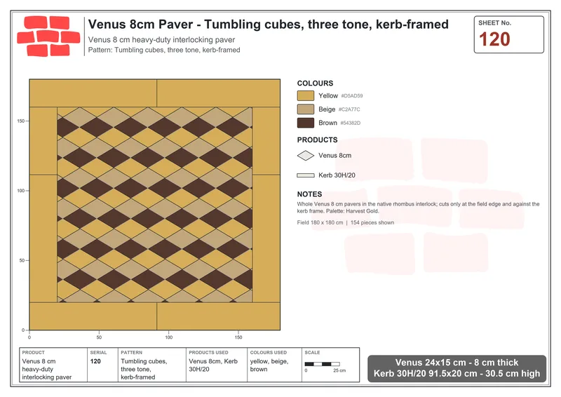 इंटरलॉक (पास्को) 24x15 सेमी · VEN8-120 · Tumbling क्यूब, तीन टोन, kerb-framed · बिछाने का नक्शा