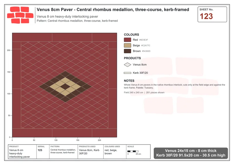 انترلوك (باسكو) 24x15 سم · VEN8-123 · مركزي rhombus ميدالية, three-course, kerb-framed · مخطط التركيب انترلوك (باسكو) 24x15 سم · VEN8-123 · مركزي rhombus ميدالية, three-course, kerb-framed · مخطط التركيب