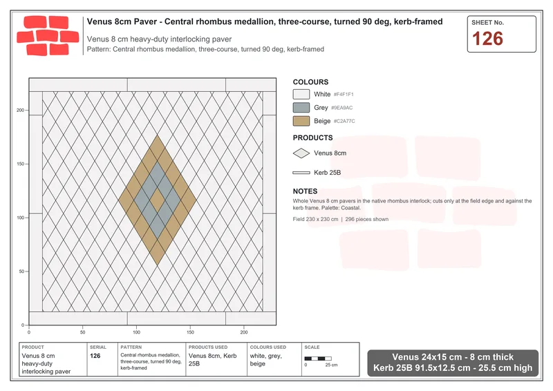 इंटरलॉक (पास्को) 24x15 सेमी · VEN8-126 · केंद्रीय rhombus मेडलियन, three-course, turned 90 deg, kerb-framed · बिछाने का नक्शा