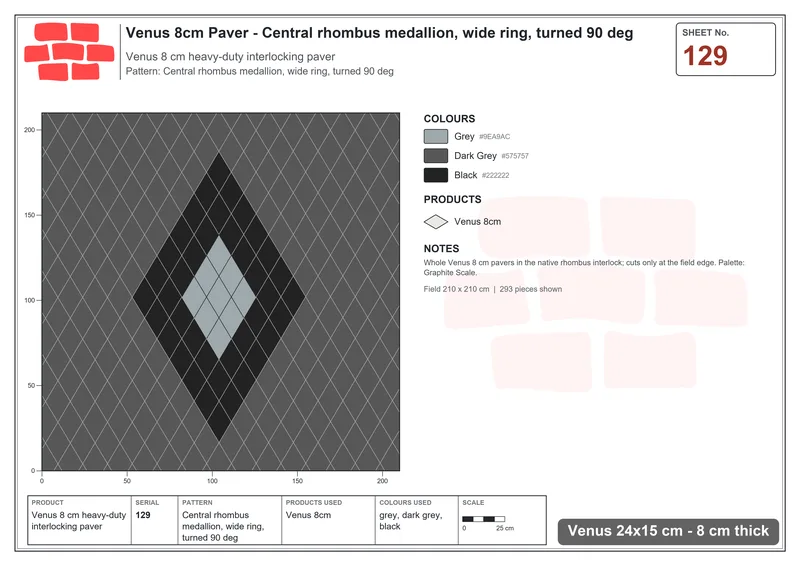 Interlock (Pasco) 24x15 cm · VEN8-129 · Central rhombus medallion, wide ring, turned 90 deg · Laying plan
