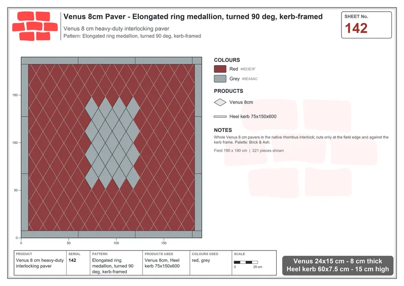 Interlock (Pasco) 24x15 cm · VEN8-142 · Elongated ring medallion, turned 90 deg, kerb-framed · Laying plan