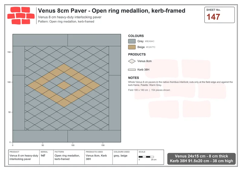Interlock (Pasco) 24x15 cm · VEN8-147 · Open ring medallion, kerb-framed · Laying plan