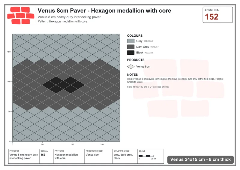 Interlock (Pasco) 24x15 cm · VEN8-152 · Hexagon medallion with core · Laying plan