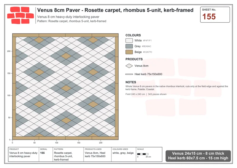 इंटरलॉक (पास्को) 24x15 सेमी · VEN8-155 · Rosette कालीन, rhombus 5 यूनिट, kerb-framed · बिछाने का नक्शा