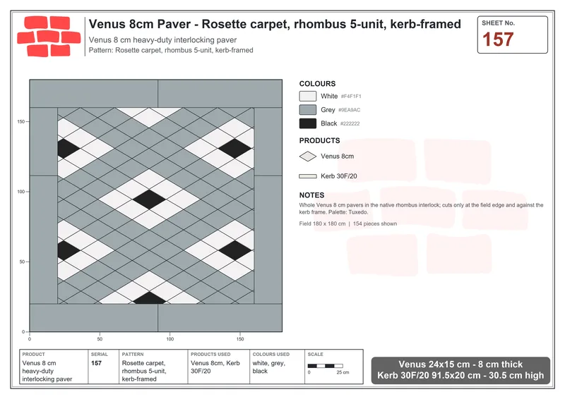 इंटरलॉक (पास्को) 24x15 सेमी · VEN8-157 · Rosette कालीन, rhombus 5 यूनिट, kerb-framed · बिछाने का नक्शा