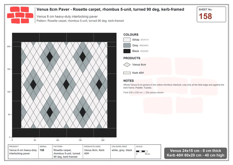 इंटरलॉक (पास्को) 24x15 सेमी · VEN8-158 · Rosette कालीन, rhombus 5 यूनिट, turned 90 deg, kerb-framed · बिछाने का नक्शा