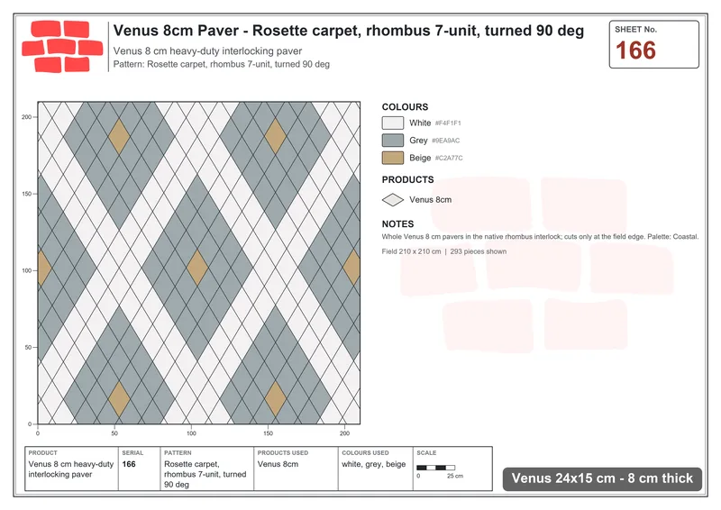 Interlock (Pasco) 24x15 cm · VEN8-166 · Rosette carpet, rhombus 7-unit, turned 90 deg · Laying plan