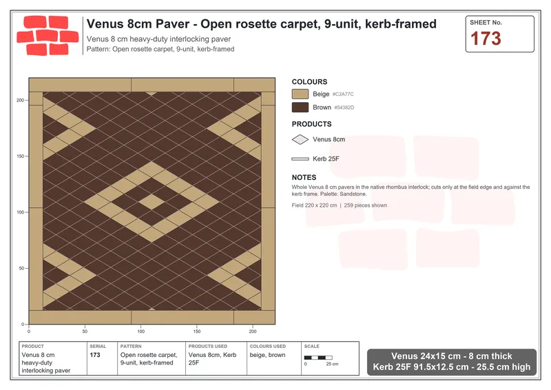 इंटरलॉक (पास्को) 24x15 सेमी · VEN8-173 · खुला rosette कालीन, 9 यूनिट, kerb-framed · बिछाने का नक्शा