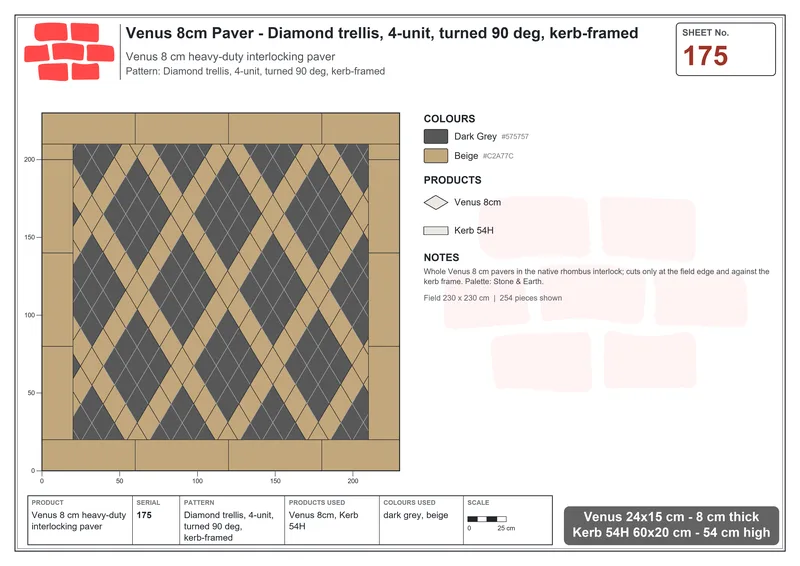 इंटरलॉक (पास्को) 24x15 सेमी · VEN8-175 · डायमंड trellis, 4 यूनिट, turned 90 deg, kerb-framed · बिछाने का नक्शा