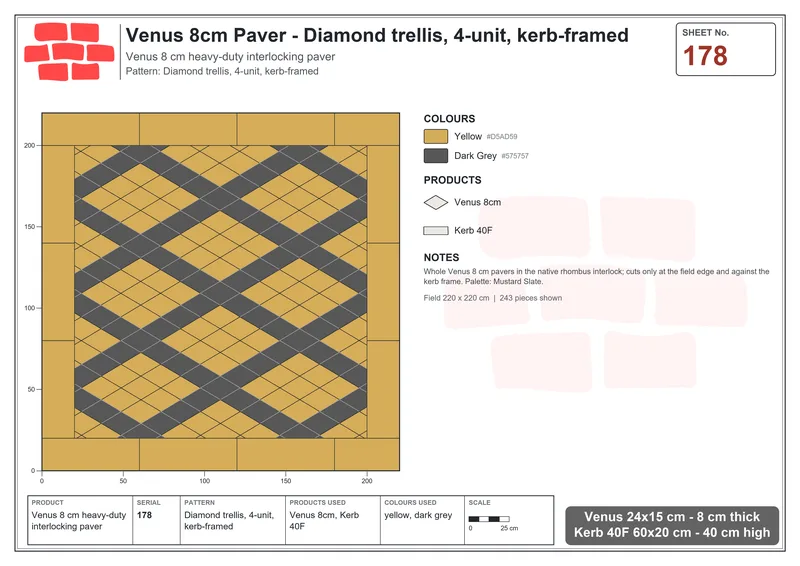 Interlock (Pasco) 24x15 cm · VEN8-178 · Diamond trellis, 4-unit, kerb-framed · Laying plan