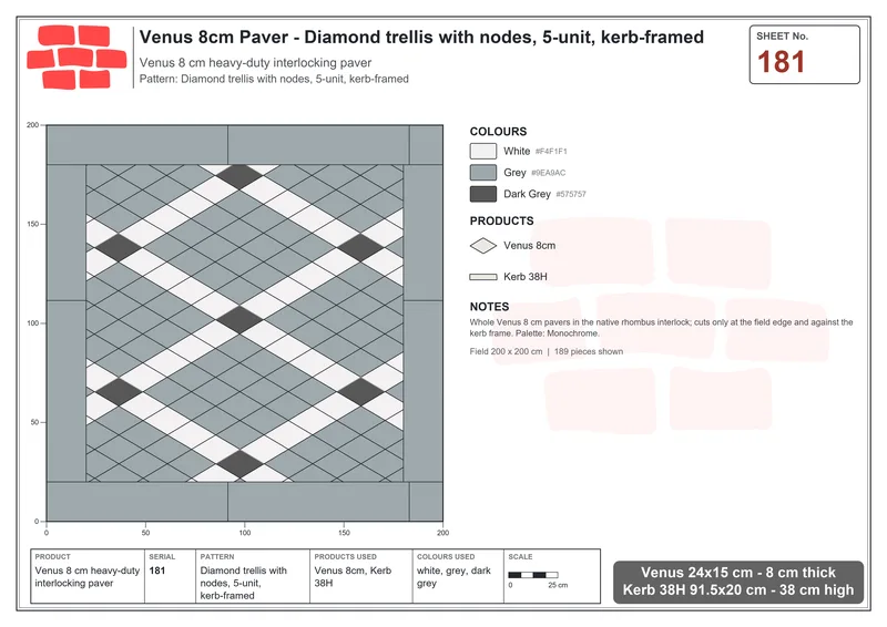 इंटरलॉक (पास्को) 24x15 सेमी · VEN8-181 · डायमंड trellis के साथ nodes, 5 यूनिट, kerb-framed · बिछाने का नक्शा