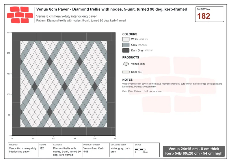 Interlock (Pasco) 24x15 cm · VEN8-182 · Diamond trellis with nodes, 5-unit, turned 90 deg, kerb-framed · Laying plan