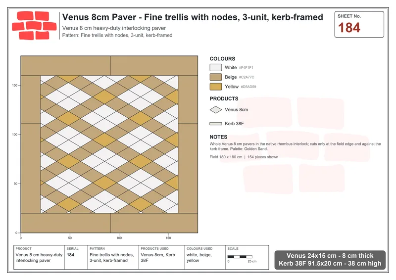 इंटरलॉक (पास्को) 24x15 सेमी · VEN8-184 · Fine trellis के साथ nodes, 3 यूनिट, kerb-framed · बिछाने का नक्शा