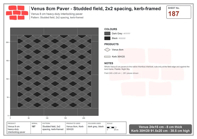 इंटरलॉक (पास्को) 24x15 सेमी · VEN8-187 · Studded फ़ील्ड, 2x2 spacing, kerb-framed · बिछाने का नक्शा