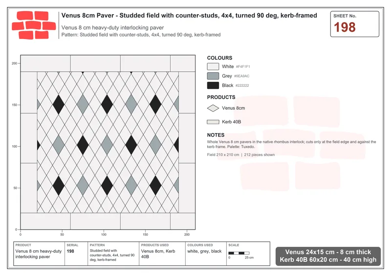 इंटरलॉक (पास्को) 24x15 सेमी · VEN8-198 · Studded फ़ील्ड के साथ counter-studs, 4x4, turned 90 deg, kerb-framed · बिछाने का नक्शा