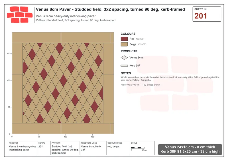 Interlock (Pasco) 24x15 cm · VEN8-201 · Studded field, 3x2 spacing, turned 90 deg, kerb-framed · Laying plan