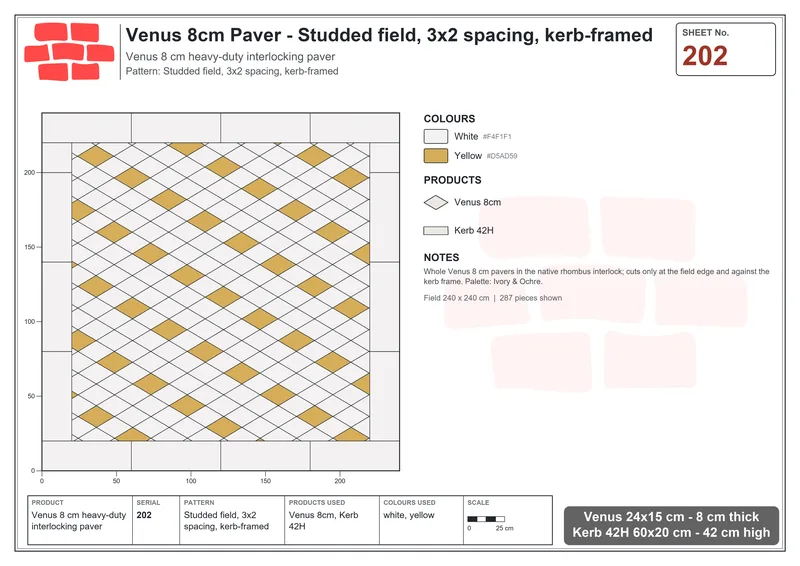 इंटरलॉक (पास्को) 24x15 सेमी · VEN8-202 · Studded फ़ील्ड, 3x2 spacing, kerb-framed · बिछाने का नक्शा